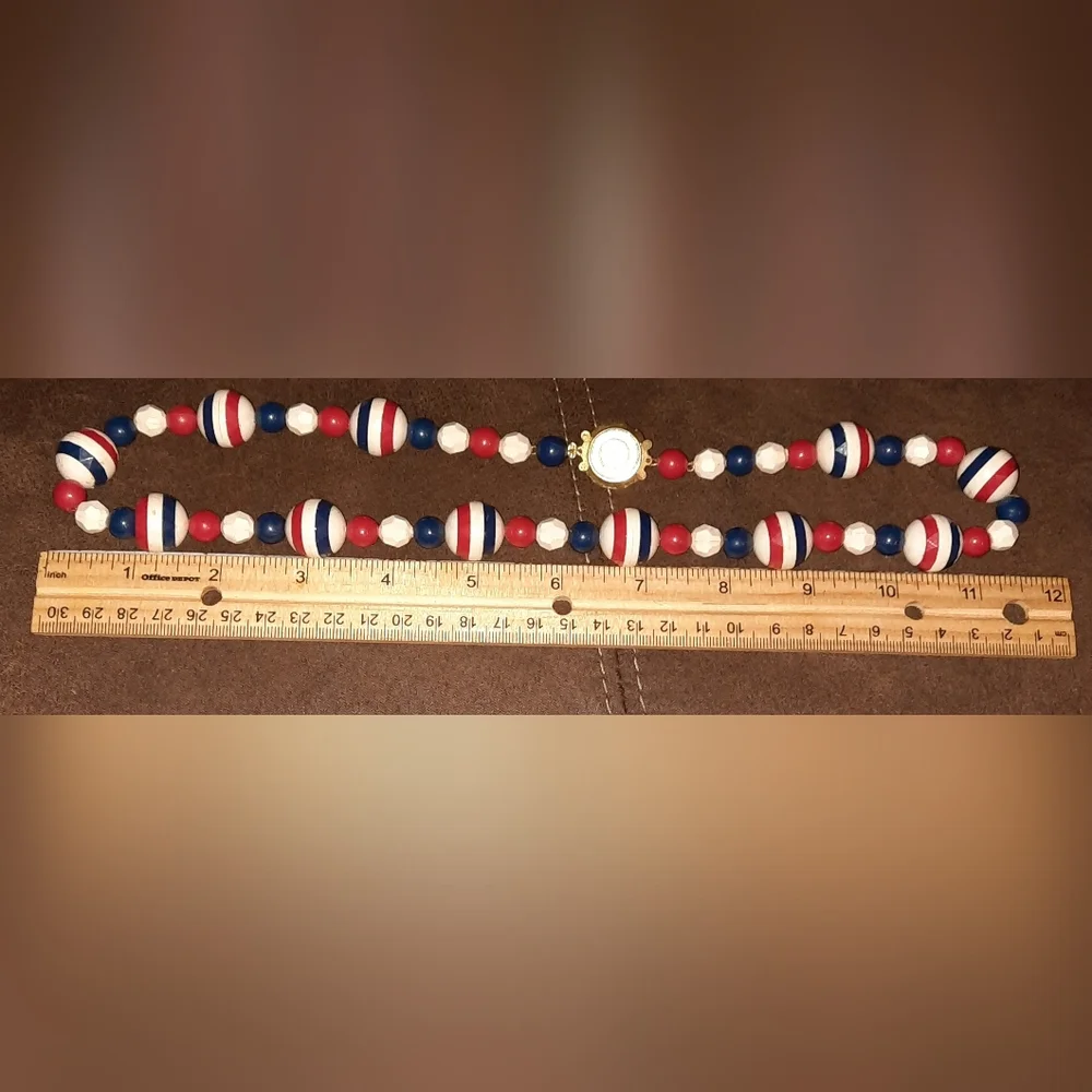 Beaded vintage necklace lot red white and blue 80s Signed - Picture 8 of 14